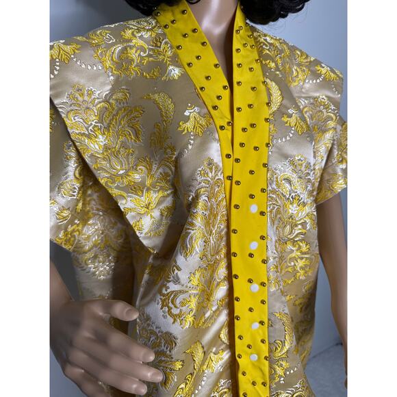 Vintage Y2K OOAK Gold Brocade Baroque Robe with Studded Yellow Trim medium - Picture 12 of 14
